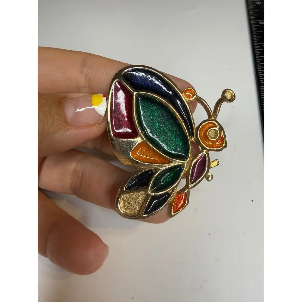 Vintage Multi Color Enamel Butterfly Brooch Gold Tone Stained Glass Style Pin